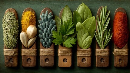 Colorful assortment of spices and herbs in wooden containers