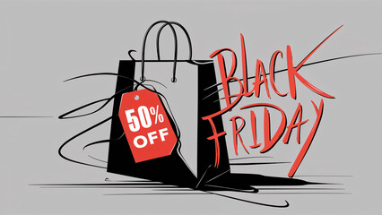 Vibrant Black Friday sale concept featuring a black shopping bag, red 50% off tag, and dynamic lines. Perfect for ecommerce promos, discounts, and holiday shopping campaigns.