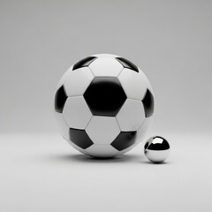 A pristine black and white soccer ball with traditional panels and a mirror-like chrome sphere, centered on a seamless transparent background with high-key studio light, precision and perfection