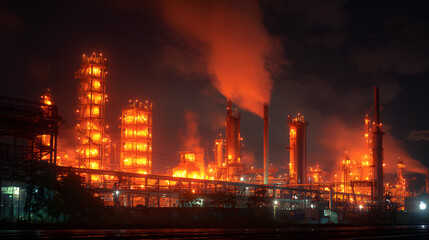 Fototapeta premium Industrial oil refinery complex at night with bright orange lights and smoke