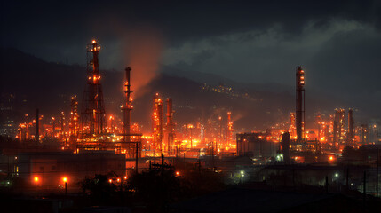 Industrial oil refinery complex illuminated at night with smoke rising