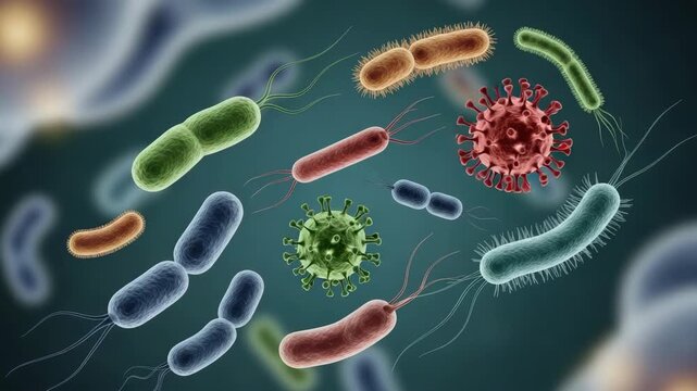 Microscopic view of bacteria presents microscopic bacteria in a colorful arrangement. Microscopic bacteria on display show different shapes like rods and spheres,