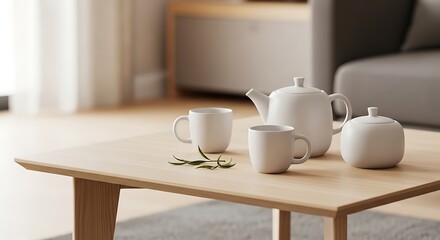 Fototapeta premium Serene tea set arrangement on a minimalist table, interior design focus