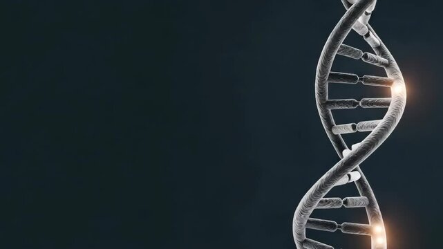 Dna double helix structure against dark background represents genetic code. Dna double helix with glowing points conveys information storage, genetic engineering, and biotechnology. - Powered by Adobe