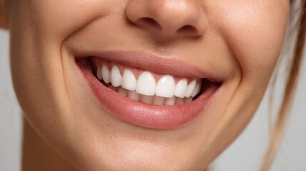 Obraz premium A person displays a confident smile highlighting their bright white teeth and healthy gums. The expression radiates happiness and self-assurance suggesting good dental care.