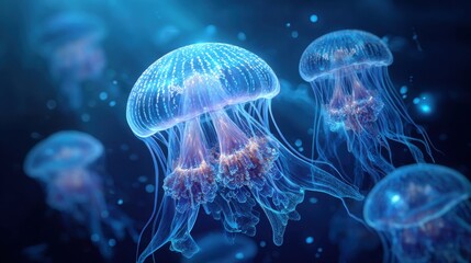 Naklejka premium Bioluminescent jellyfish glide through the dark sea illuminating their surroundings with blue and purple hues as they navigate the deep ocean currents.