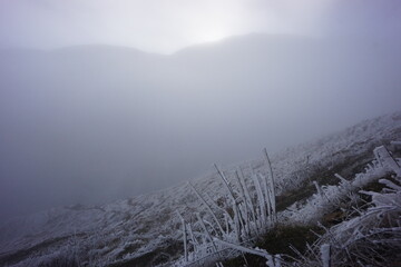 Snowy Mountains of Azerbaijan with Morning Fog