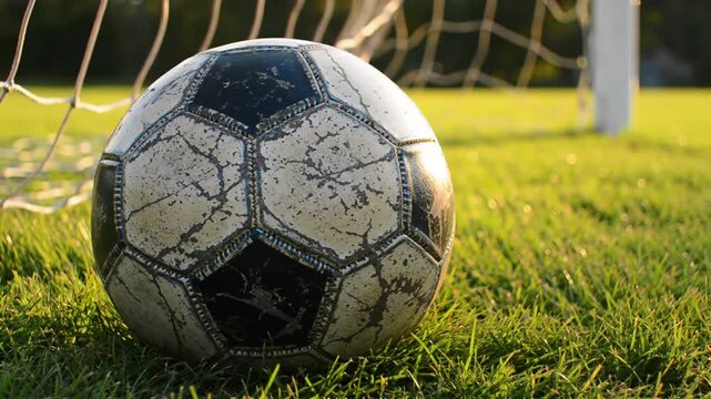 Soccer Ball Resting on Grass Near Goal Post in Golden Light.