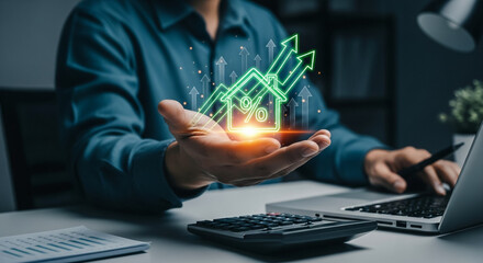 A person's hand holding a digital representation of a house with an upward arrow, symbolizing growth.