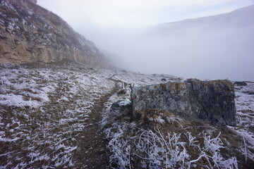 Snowy Mountains of Azerbaijan with Morning Fog