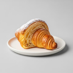 A perfectly baked artisanal croissant, golden-brown, crisp, broken open to reveal buttery, flaky layers with powdered sugar, on a white ceramic plate against a transparent background, appetizing food