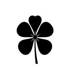 Solid Black Five-Leaf Clover Icon with Heart-Shaped Petal and Starburst Center on White Background