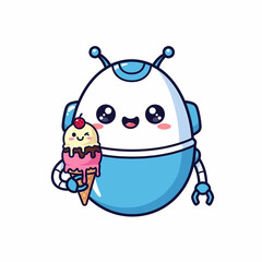 Winking Kawaii Robot Holding a Strawberry Topped Ice Cream Cone.