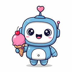 Adorable Cartoon Robot Holding a Strawberry Ice Cream Cone with Cherry.