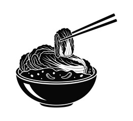 Kimchi in a bowl being picked up with chopsticks