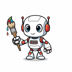 Cartoon Robot Artist Holding a Paintbrush with Dripping Red Blue and Green Paint.
