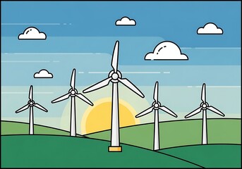 Illustration of a wind farm generating renewable energy with blue sky and sunny clouds