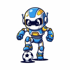Cartoon Robot Soccer Player with Blue and Gold Accents Kicking a Ball.