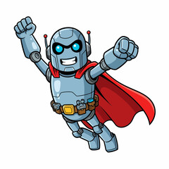 Cartoon Robot Superhero with Red Cape Flying with Fists Raised.