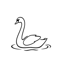 Minimalist Black Outline Swan Icon Swimming on Water Ripples, Simple Flat Graphic on White Background