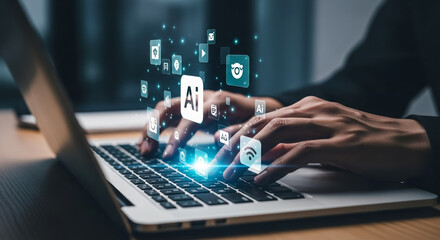 Person using a laptop with AI and technology icons floating above the keyboard, representing innovation.