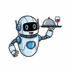 Cartoon Robot Waiter Serving Wine and Covered Dish on a Tray.