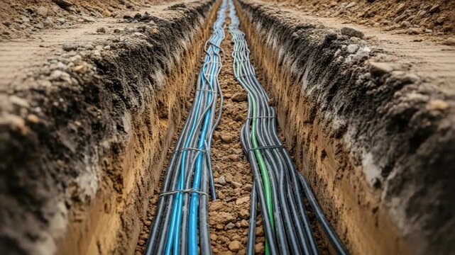 Excavation trench displaying underground cables that transmit data. Underground cables, essential infrastructure components, are positioned inside excavation trench, exhibiting organized arrangement.