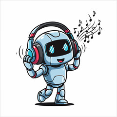 Cheerful Cartoon Robot Dancing with Headphones and Musical Notes.