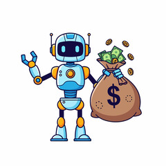 Fototapeta premium Cheerful Cartoon Robot Holding a Bag of Money with Coins and Bills.
