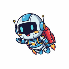 Cheerful Cartoon Robot Soaring with Red Rocket Pack and Fiery Exhaust.