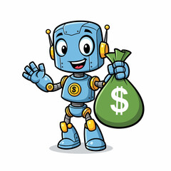 Cheerful Cartoon Robot Waving While Holding a Green Money Bag with Dollar Sign.
