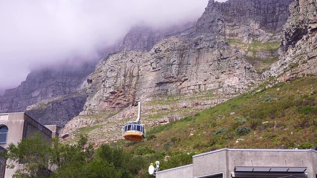 Table Mountain cable car in Cape Town, South Africa. Iconic mountain and major landmark, tourists visiting travel destination in Africa. 