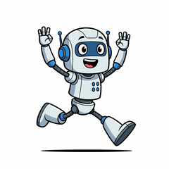 Joyful Cartoon Robot Leaping with Raised Hands and a Wide Smile.