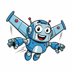 Joyful Cartoon Robot Soaring with Winged Jetpack and Exuberant Expression.