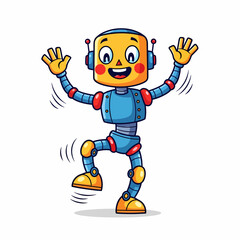 Joyful Cartoon Robot with Antennae and Rosy Cheeks Dancing with Arms Raised.