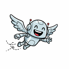 Joyful Cartoon Robot with Angel Wings Soaring with Dotted Trail.