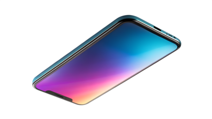 Modern smartphone with a vibrant gradient screen, isolated on transparent background, showcasing sleek design and advanced technology for digital communication and mobile applications