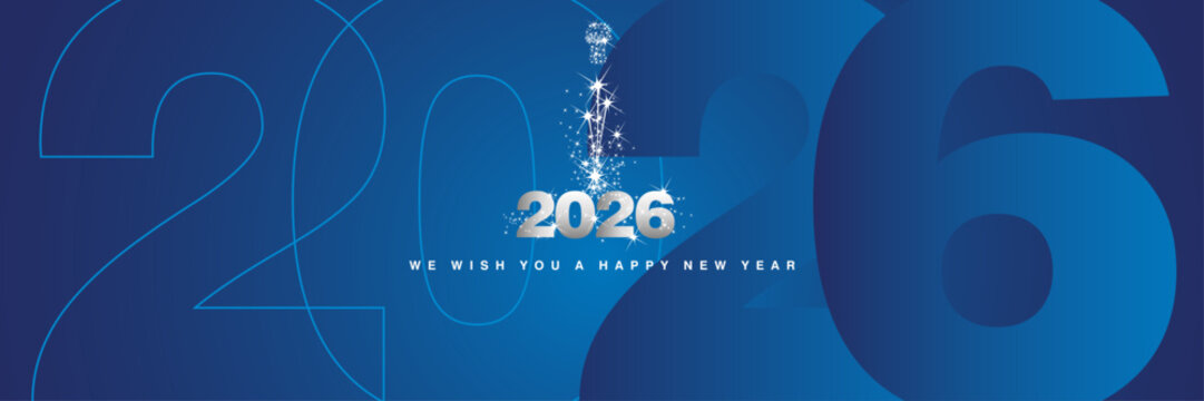 We wish you a Happy New Year 2026 sparkler firework shining silver blue greeting card with silhouette numbers from outline to fully shaded blue background in the shape of 2026 year