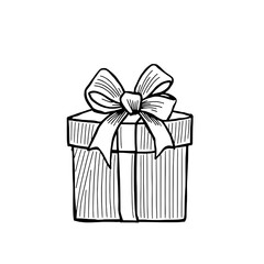 Stylized Hand-Drawn Black Outline Gift Box with Ribbon Bow Icon on White