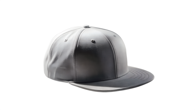 A plain grey flat brim snapback baseball cap isolated on a transparent background, a stylish and modern accessory for casual wear