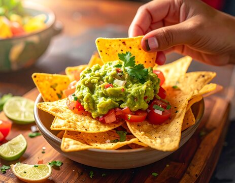Hand dipping tortilla chip in guacamole