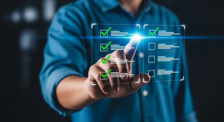 Person's hand interacting with a futuristic digital checklist interface, highlighting task completion and selection on a virtual screen.