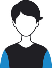 A simple flat illustration of a person with black hair wearing a black and blue shirt