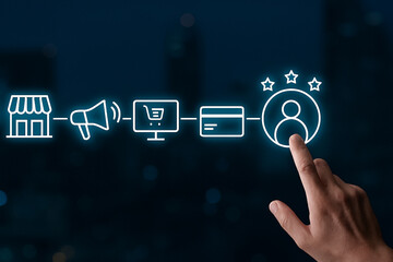 Futuristic commerce flowchart glowing icons hand interaction customer journey marketing shopping payment loyalty technology innovation digital business efficiency visualization