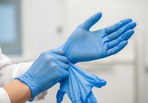 Person preparing for a medical procedure by putting on blue medical gloves properly