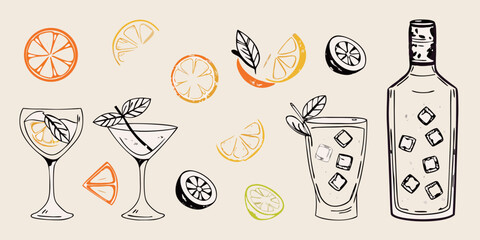 Hand drawn collection of refreshing citrus drinks and fruit slices with ice cubes and mint leaves © MituRani