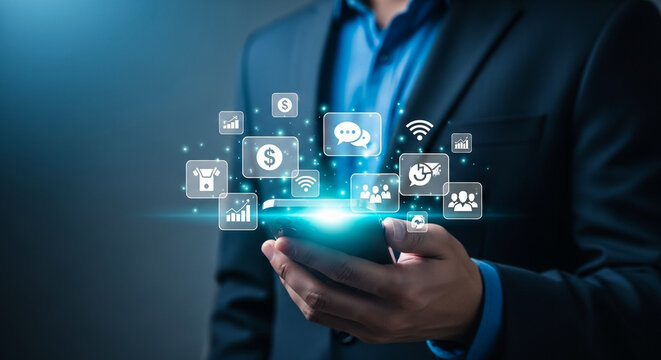 A businessman in a suit holding a glowing digital interface with various business icons floating above his palm.