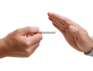 Hand refusing cigarette isolated on a transparent background