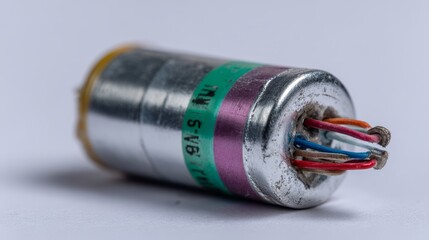Blank electrical capacitor cylindrical body. Silver aluminum with colored band markings and lead wires