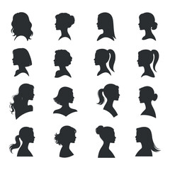 Set of woman faces silhouette with various hairstyles on transparent background